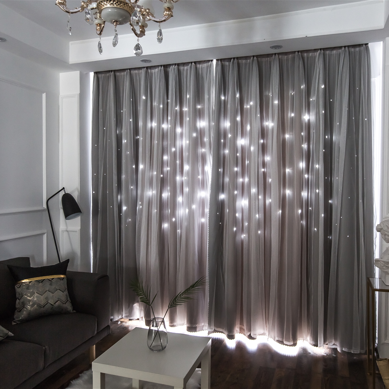 Blackout Curtain Fabric Double Layer Hollow Star Curtain Bedroom Simple Curtain Finished Product