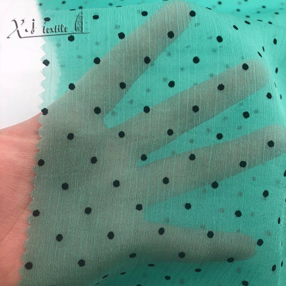 50D阳离子顺纡绉植绒圆点面料 厂家直销透明柔软绒雪纺面料