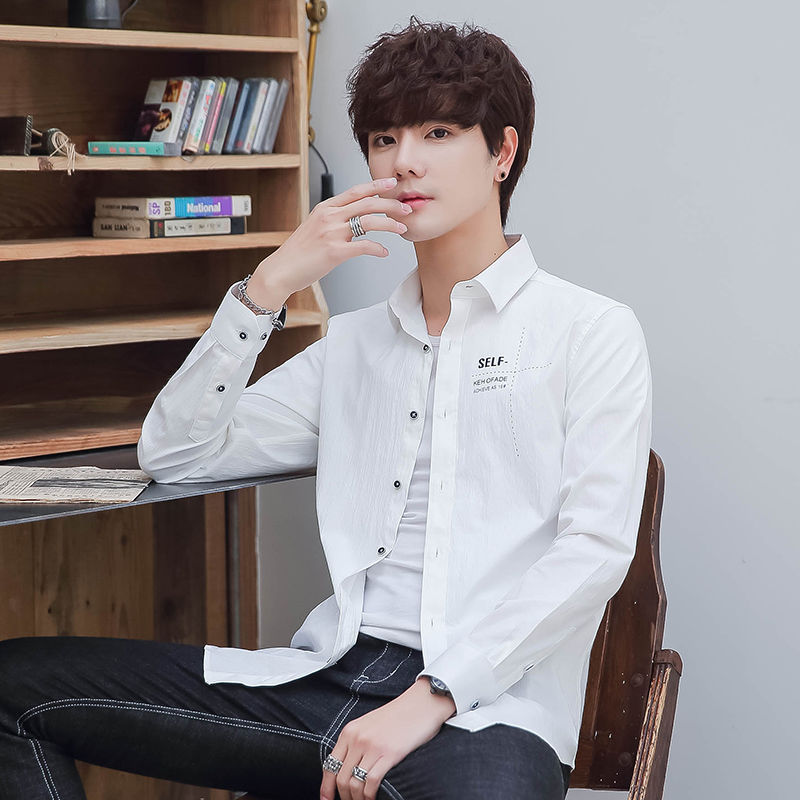 男式休闲衬衫时尚修身春季潮流百搭男士长袖棉衬衣青少年男装上衣