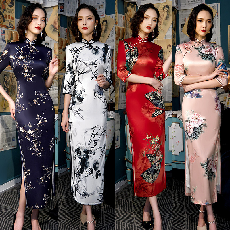 Cheongsam stand collar high slit cheongsam party show cheongsam dress