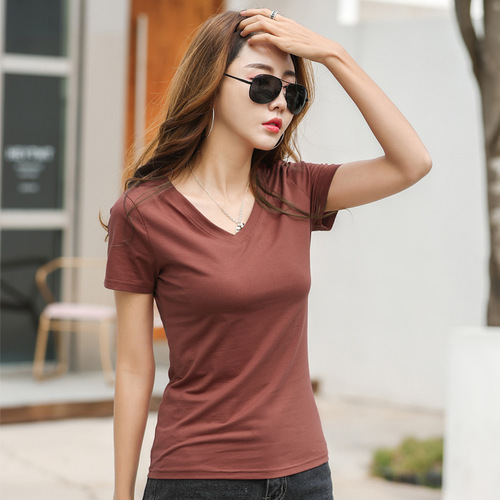 227 Short-sleeved T-shirt round neck slim fit slim V-neck short T women's new slim Korean version simple tight base shirt