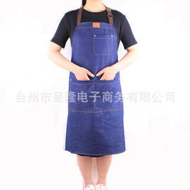 时尚牛仔围裙加厚厨房咖啡厅奶茶店男女工作服无袖家居收纳