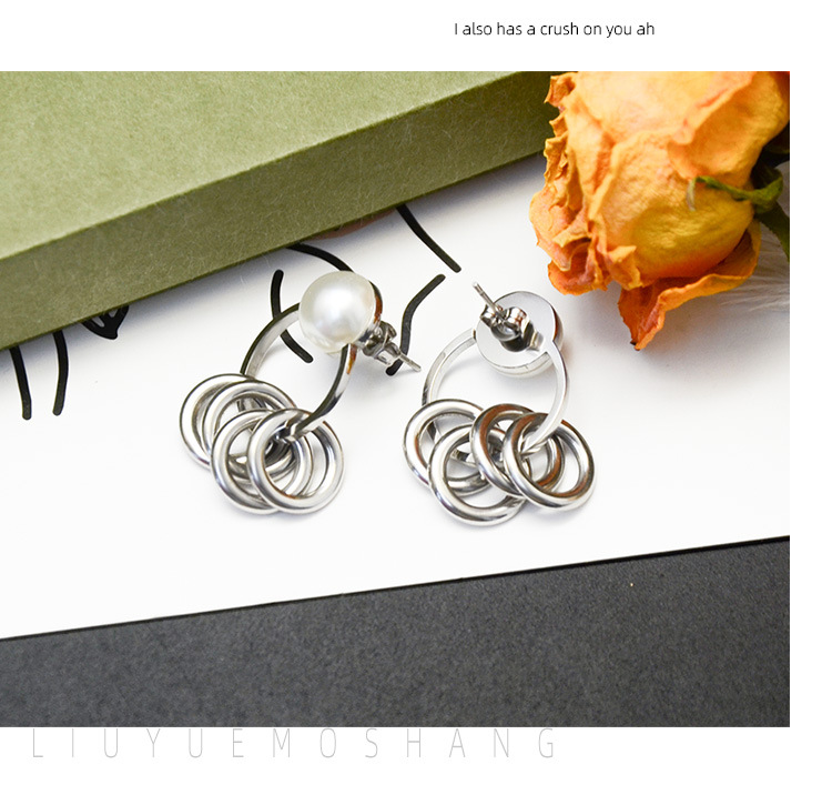 Titanium Steel Fashion Double Ring Pearl Earrings Jewelry display picture 6