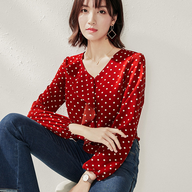 Autumn V-neck Lotus Edge Chiffon Shirt Long Sleeve Bottom Shirt