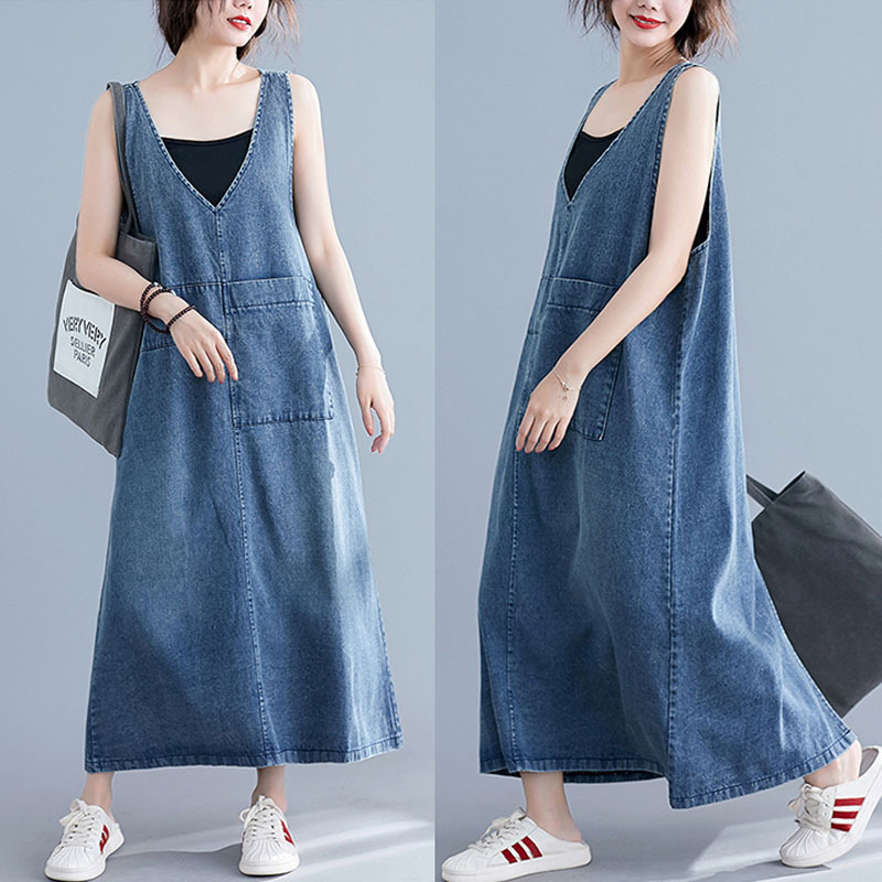 Spring and summer new solid color V-neck sleeveless dress Women's Mid-length retro distressed large size patch pocket strap skirt