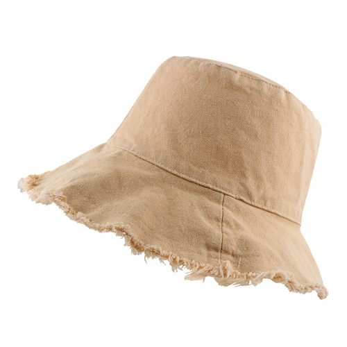 Cotton fur-edged basin hat Japanese solid color denim fisherman hat women's sun hat fashionable frayed washed canvas hat