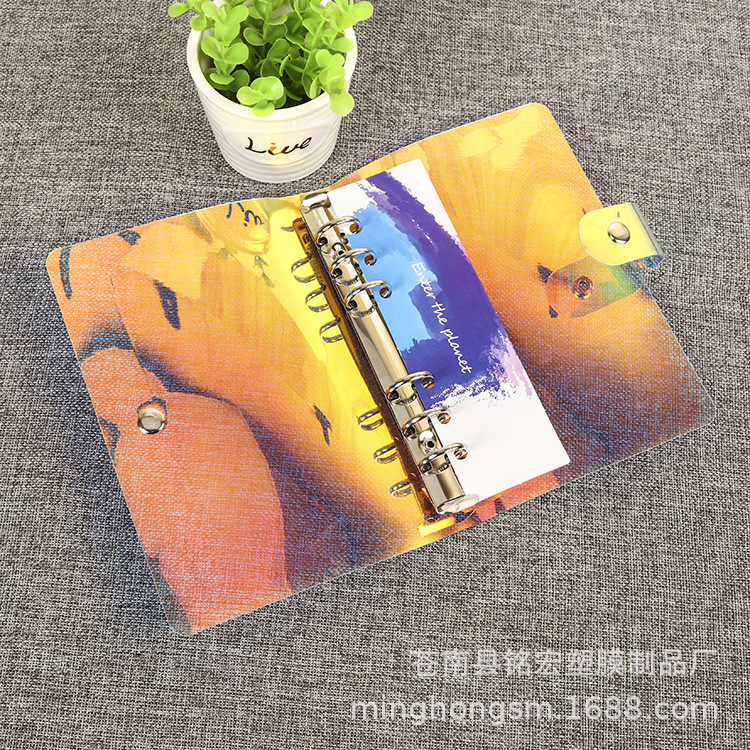 Venta al por mayor láser colorido botón transparente de hojas sueltas carpeta Shell A5A6A7 6-agujero de hojas sueltas cuaderno portátil