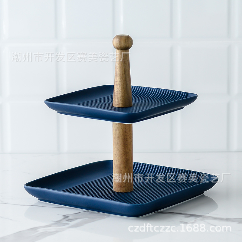 Directo de fábrica Estilo nórdico cuadrado recto de doble capa plato de fruta plato de merienda de cerámica plato de pastel de té de la tarde Placa de cadena