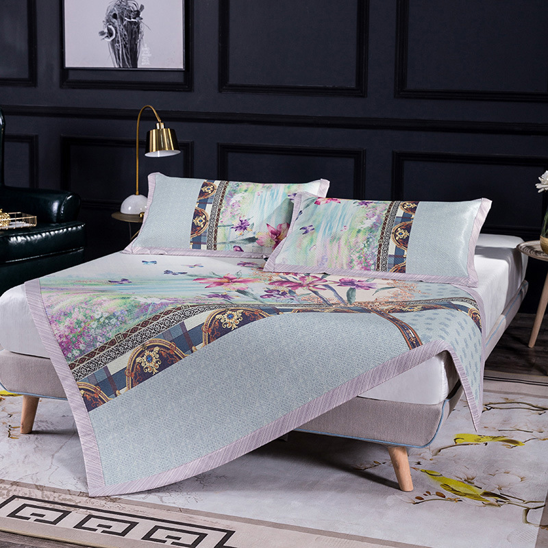 新品印尼藤席三件套编织加厚中式数码印花双人凉席子一件代发