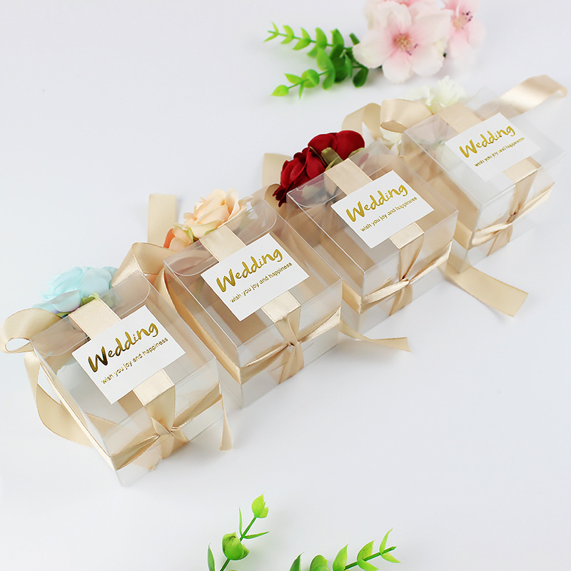 北欧ins仿真玫瑰花方形塑料pvc透明/磨砂喜糖盒个性创意婚庆婚盒