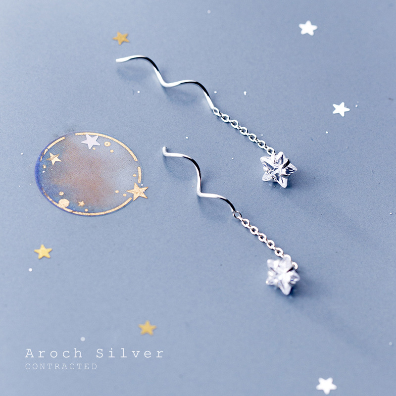 S925 línea de orejas plateadas para mujeres coreanas pequeñas frescas pentagramas pentales cortos temperamento joyas de orejas de estrellas E6914