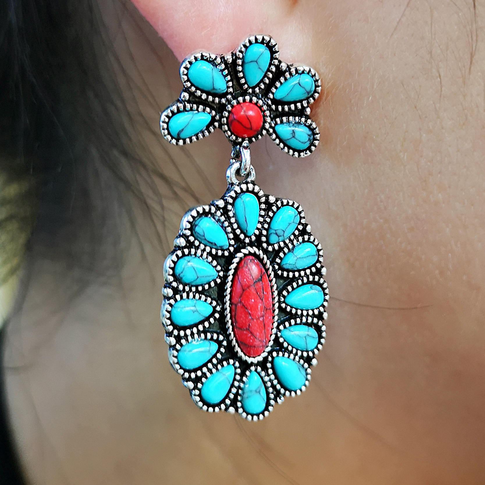 New Turquoise Earrings European And American Exaggerated Earrings display picture 2