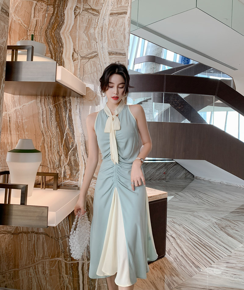 Đầm maxi nữ thắt eo cổ buộc dây xếp ly thanh lịch — Màu xanh lam chi tiết 7