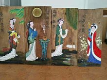 四大美女手繪木版畫風化木掛畫新中式會所壁畫老門板裝飾畫