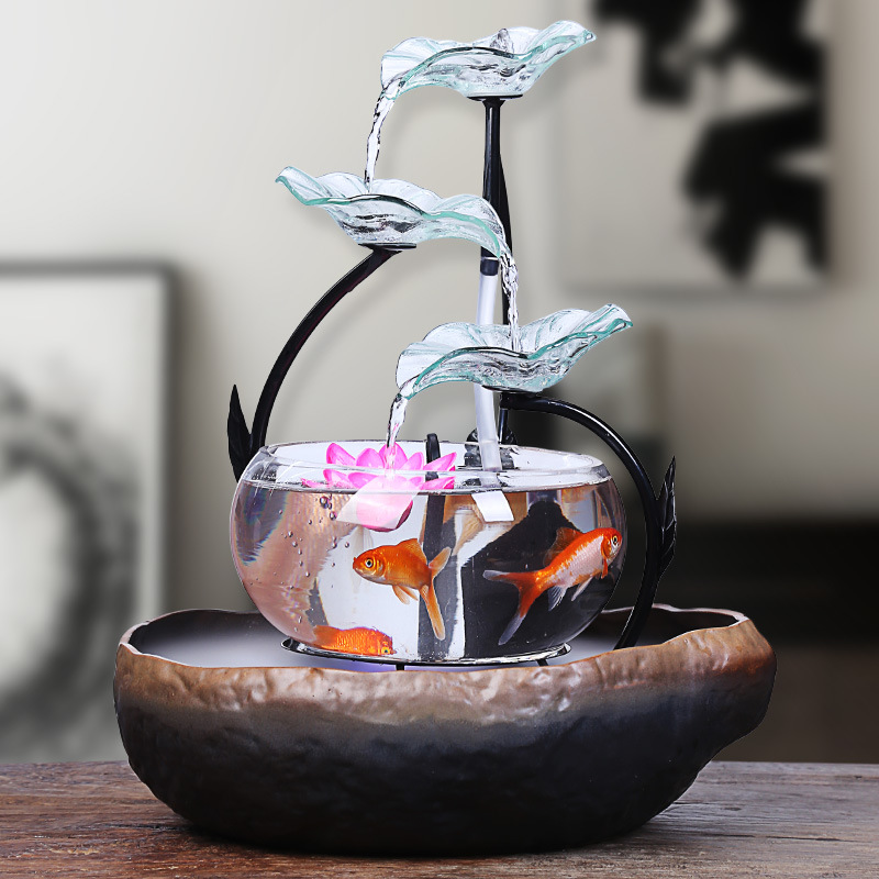 陶瓷流水摆件 玻璃鱼缸加湿器 招财乔迁新居开业礼品桌面喷泉批发|ms