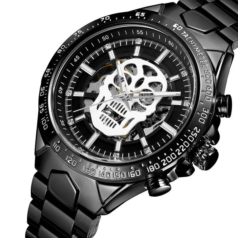 Forsining Fusini hombres de moda correa de acero reloj mecánico automático cráneo luminoso reloj impermeable 432
