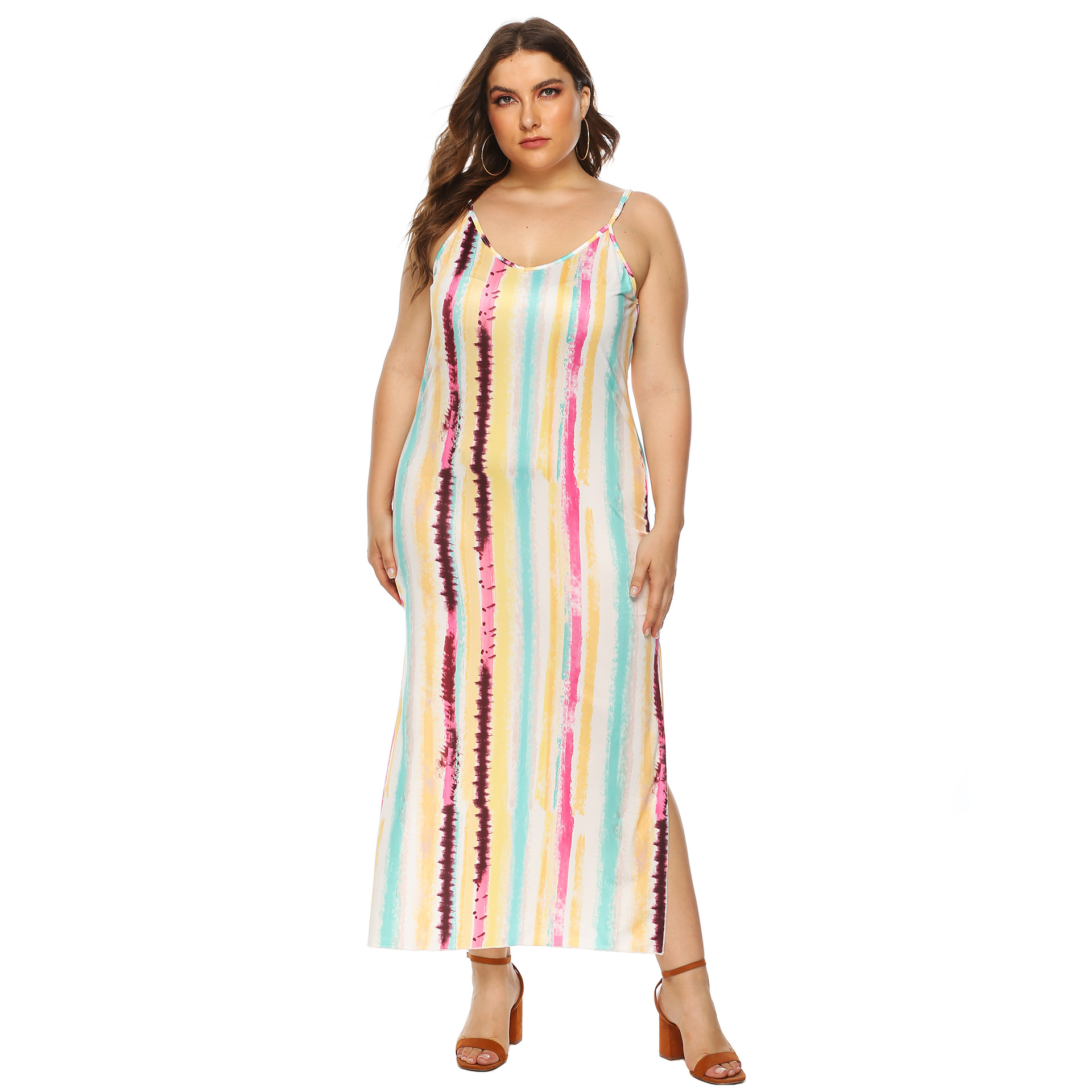 plus size stripe printing sexy open back dress NSOY45960