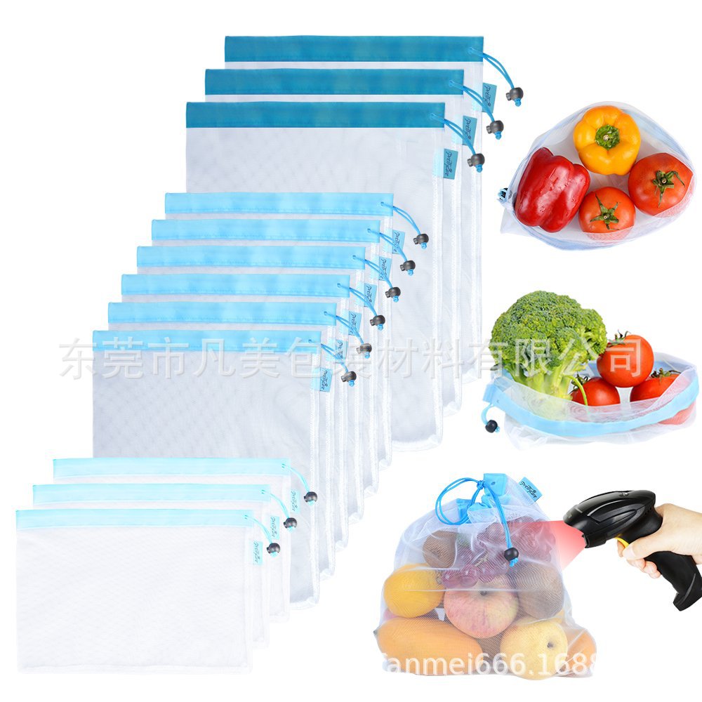 厂家供应亚马逊供应水果网袋 涤纶单绳束口水果网布袋拼接款