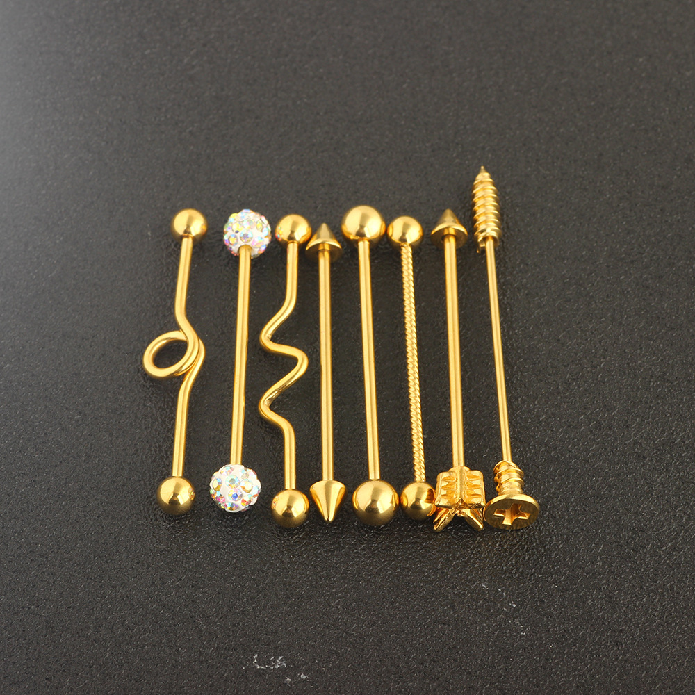 Rose Gold Arrow Screw Ear Expansion Industrial Barbell Double Ear Piercing Straight Bar Set 8Pcs Black detail image 16