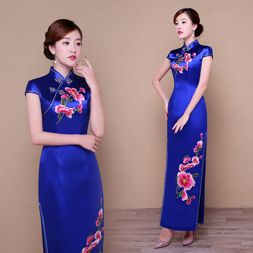 Long runway peacock blue red cheongsam chinese dress qipao cheongsam dress for women girls banquet party ancient folk costumes etiquette waiter qipao dress