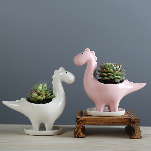Manufacturer small wholesale gardening cross-border creative succulent flower pot cartoon animal dinosaur ceramic flower pot desktop decoration