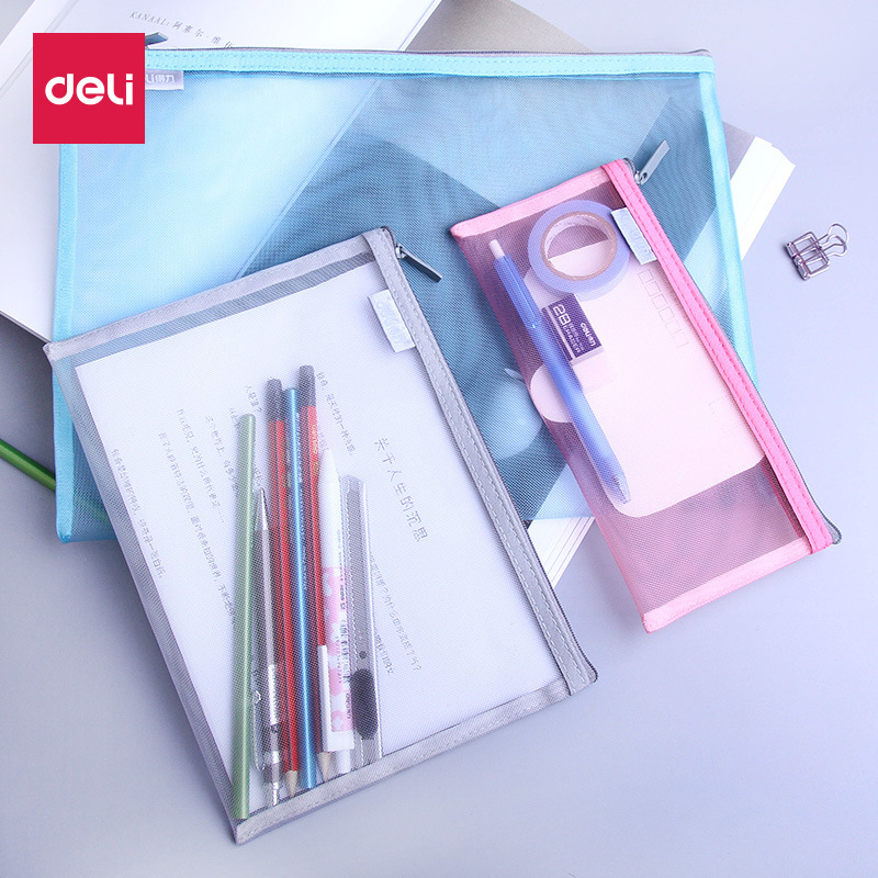 Deli5544 Simple Transparent Mesh Zipper File Bag Information Bag Student Exam Pen Bag Stationery Storage Bag