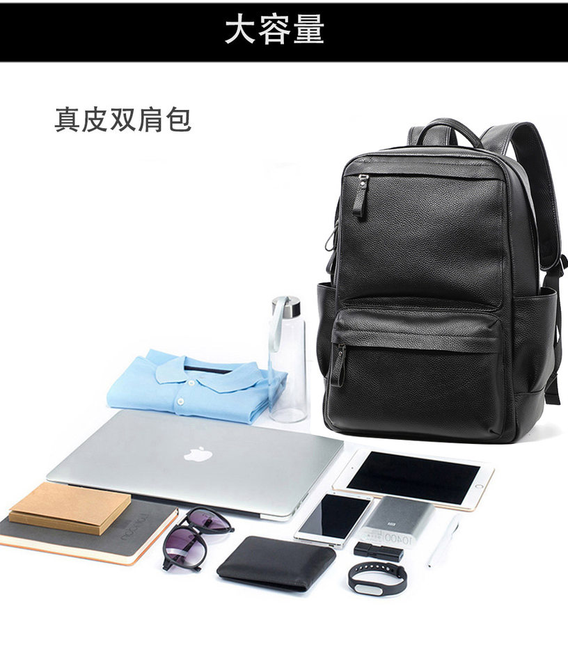 Ba lô nam da bò thật 15.6 inch chống nước, túi đeo vai du lịch đựng laptop 43×30×18 cm — Màu đen chi tiết 7