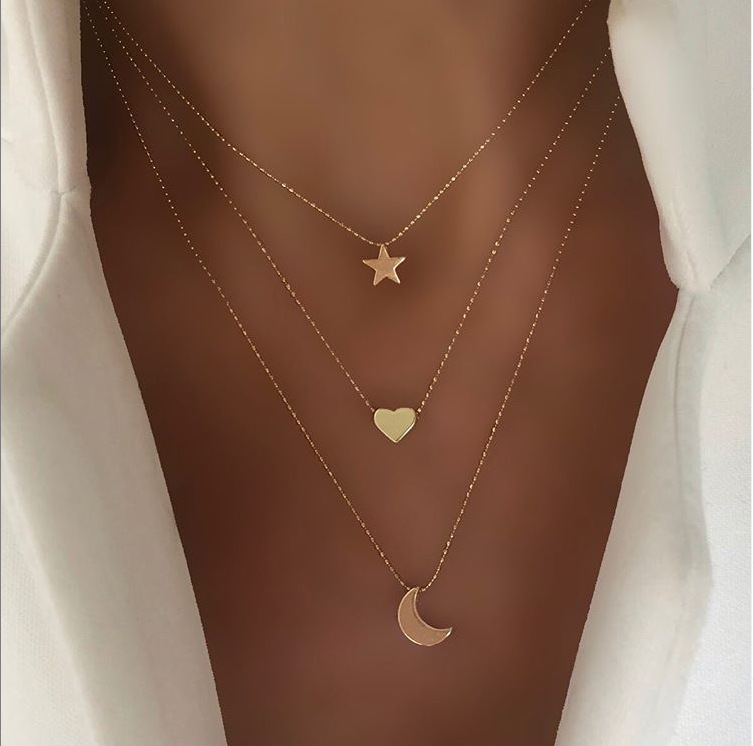 Europe and America New Gold Pendant collarbone chain creative retro simple Star Moon Love Pendant Necklace