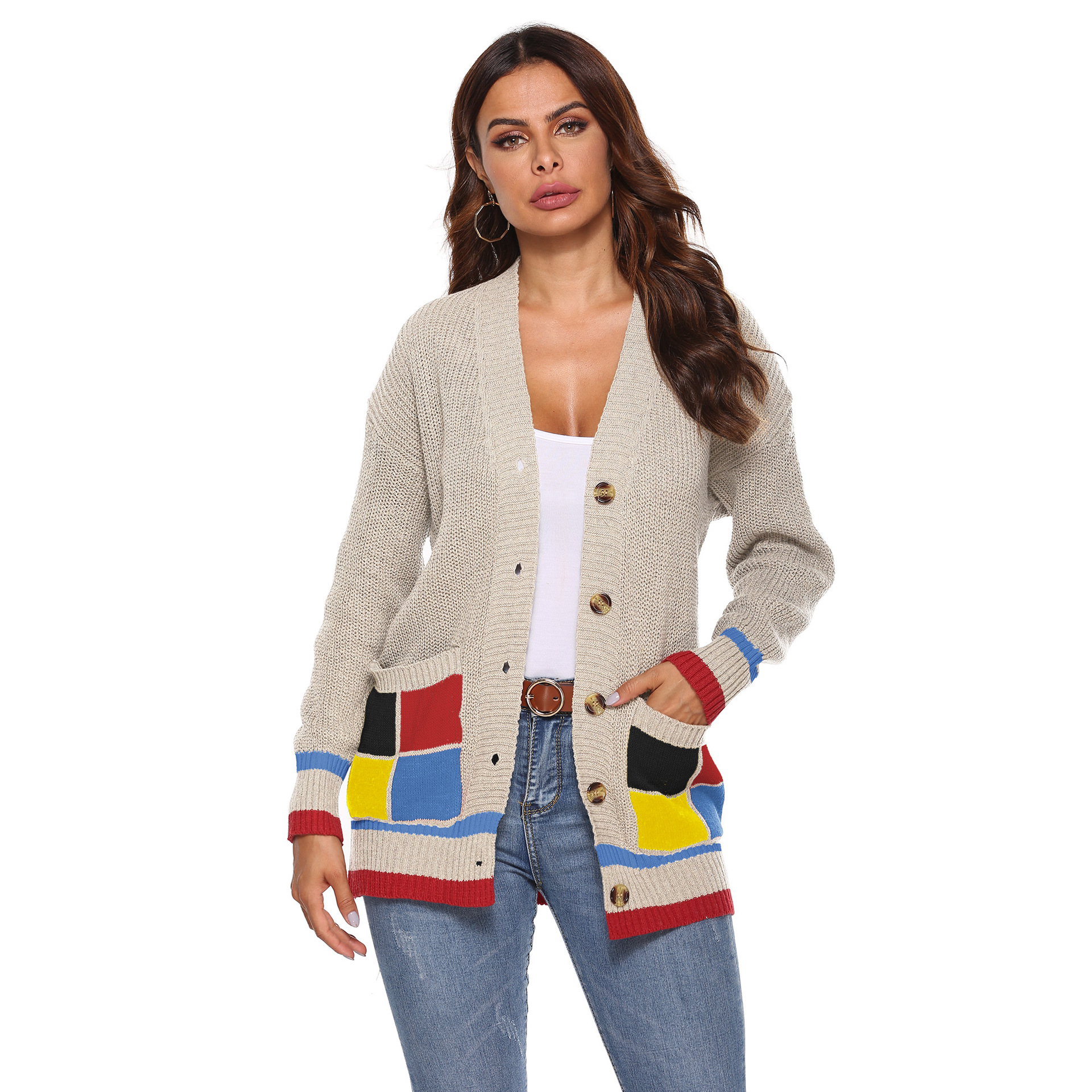 color matching large pockets woven cardigan NSOY46131