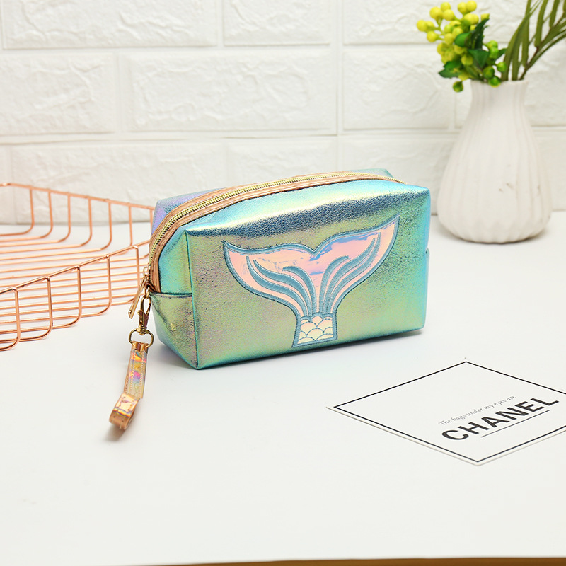 Nueva PU láser cosmético bolsa de cola de pescado creativo portátil de gran capacidad de almacenamiento de mano de colores bolsa de lavado