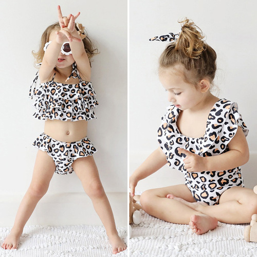 Children's European and American style summer girls' trendy white-based leopard print swimsuit + headscarf two-piece children's clothing set, Instagram style