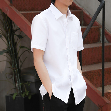 2019新款男士短袖衬衫 韩版白色休闲衬衫厂家直销 纯色棉质衬衫男