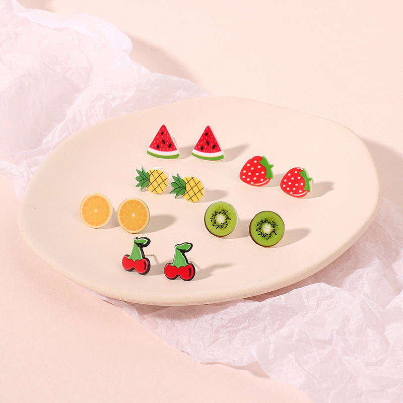 Korean Fruit Childlike Bright Color Strawberry Cherry Acrylic Women's Earrings Set display picture 5