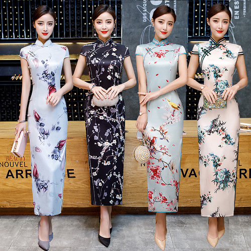 Chinese Dresses Qipao short sleeve long double layer silk new cheongsam retro slim daily improved cheongsam dress