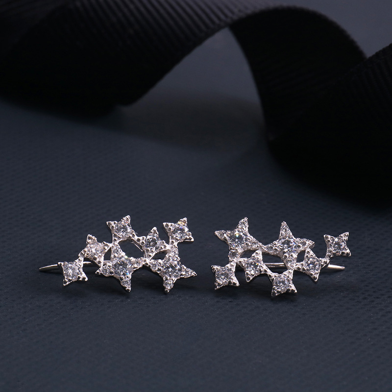 E0024 鑲晶鑽繁星耳鈎S925銀時尚耳釘女流行耳飾首飾微供壹件代發