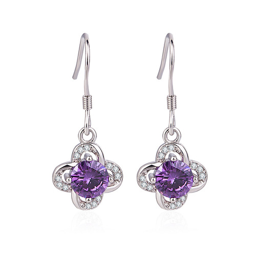 Korean version of purple diamond four-leaf clover long earrings for women with diamonds and zircons long ear hooks personalized student earrings simple jewelry