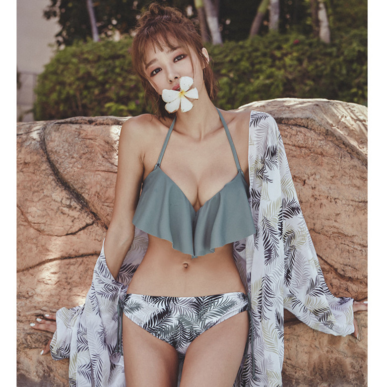 Small Floral Bikini Three-Piece Swimsuit Girl's Small Chest Steel Bracket Push-Up Transparent Blouse Sling Sexy Swimsuit