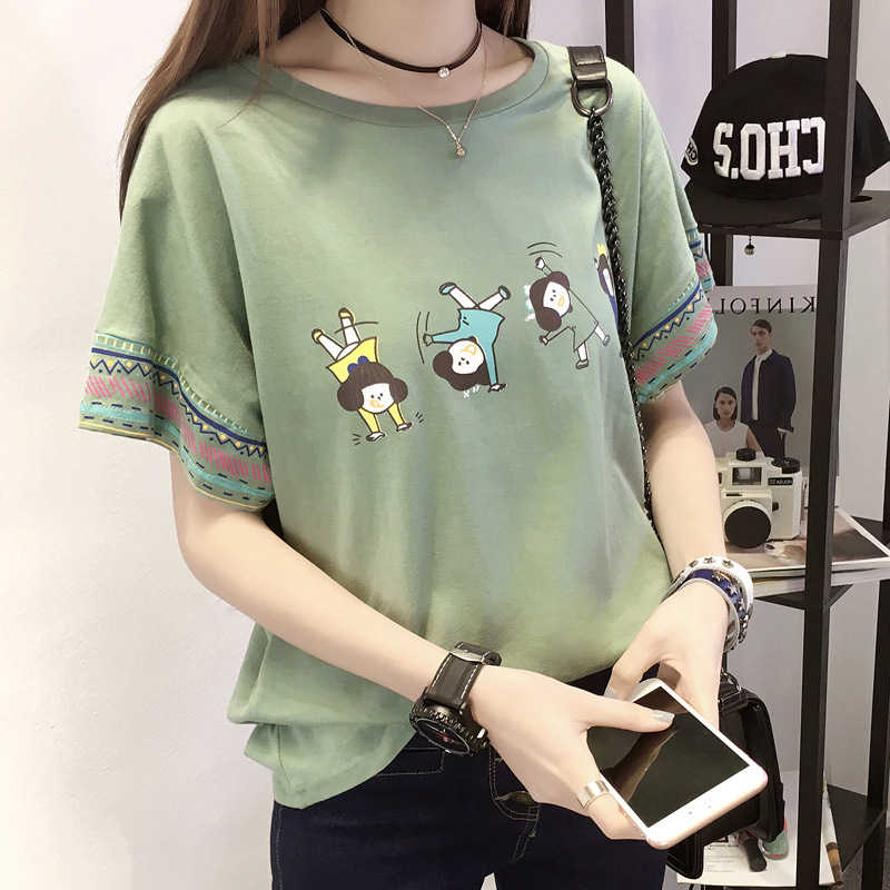 Women Loose Fit Graphic T-Shirt Summer Korean Style Green