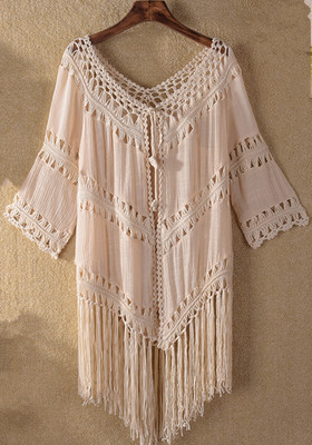 stitching tassel solid color woven hollow sunscreen bikini blouse  NSOY26721