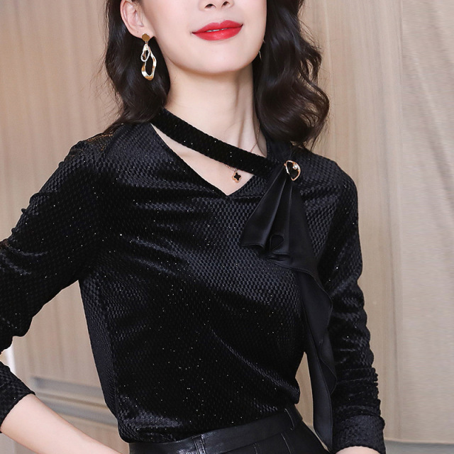 Golden Velvet Bottom Shirt New V-Collar Fashion T-shirt 