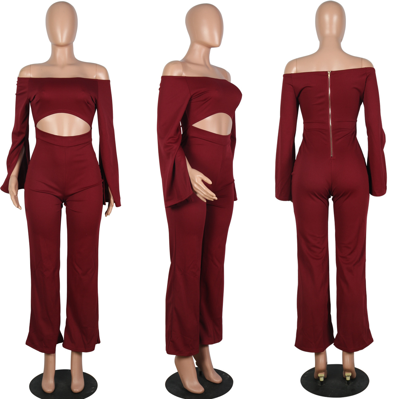 Boutique Casual Solid Color Long Sleeves Cropped off Shoulder Jumpsuit