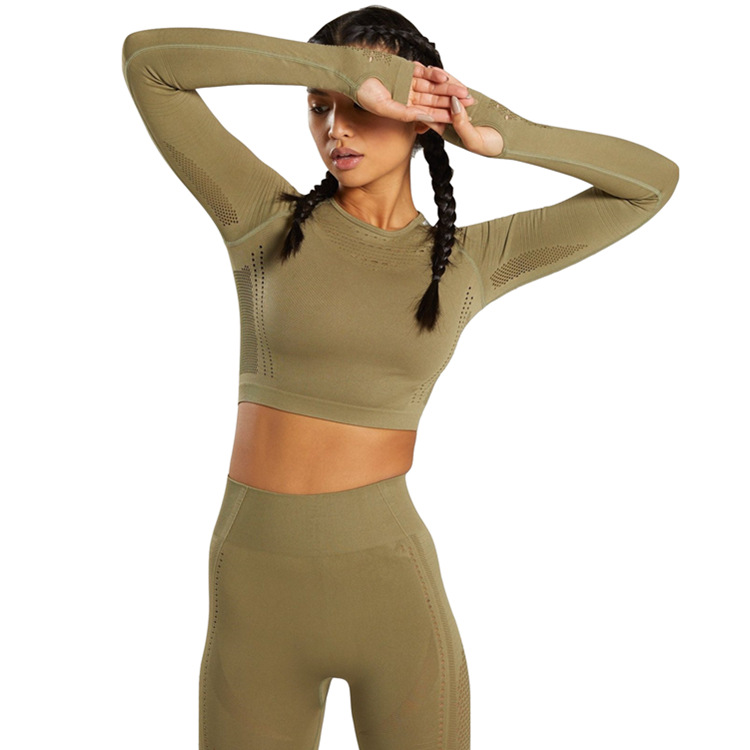 純色運動跑步吸汗健身服亞馬遜透氣瑜伽服長袖速干衣瑜伽服套裝女