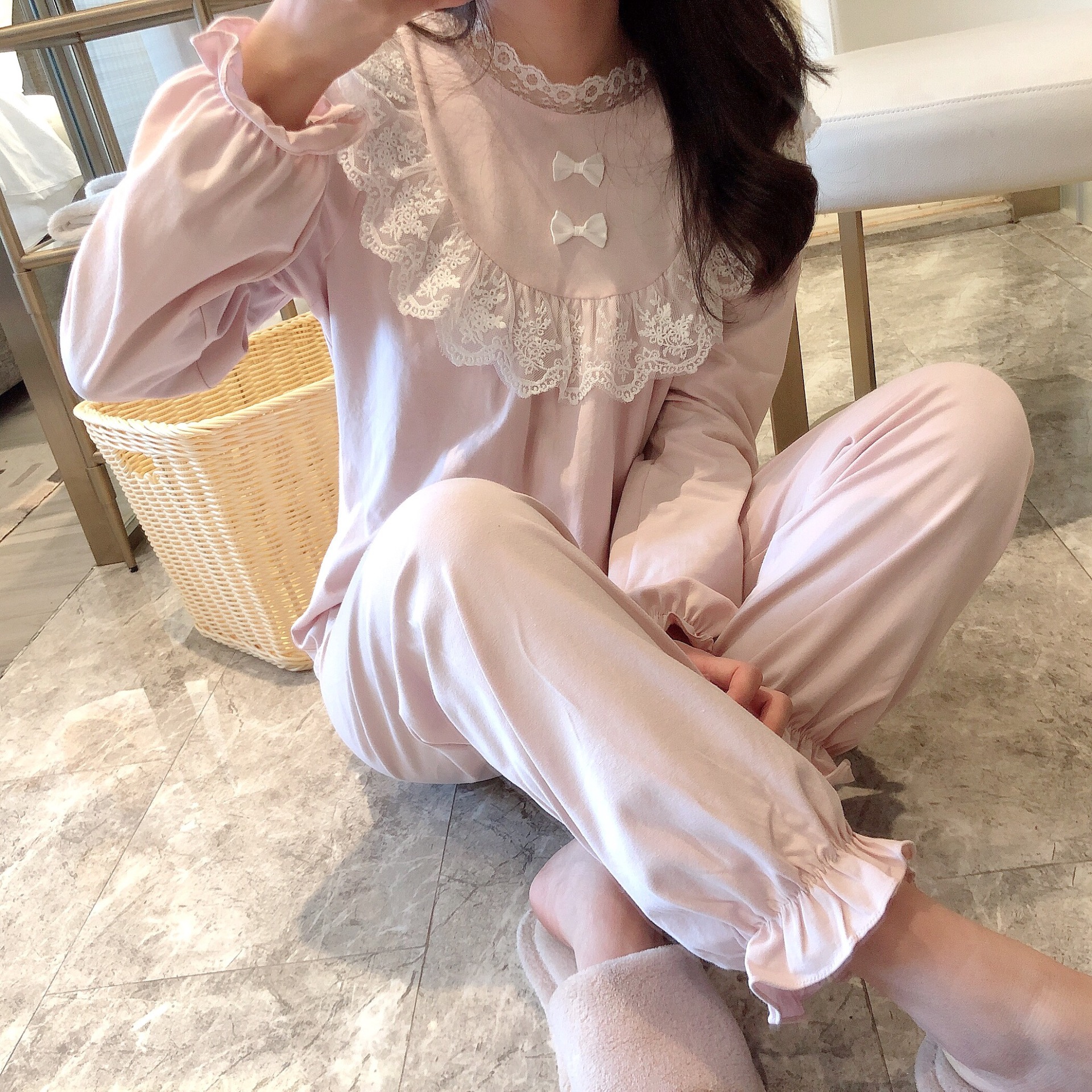 春秋季新款宮廷風少女純棉家居服韓版蕾絲甜美公主風時尚可愛睡衣