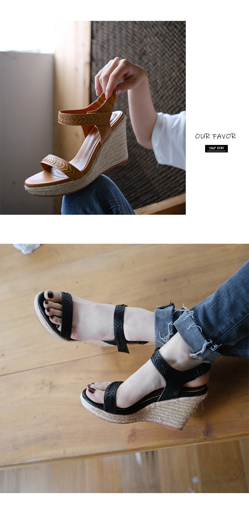 Sandal nữ đế xuồng dệt rơm da bò quai ngang khóa chữ — Màu nâu chi tiết 8