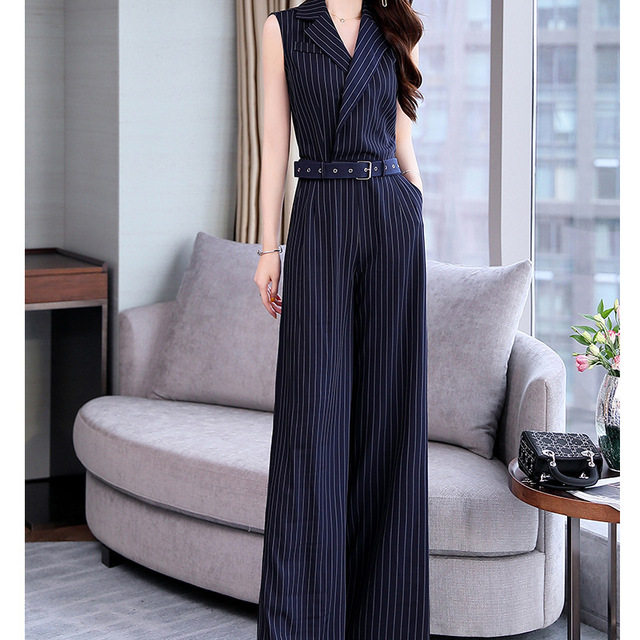 Sleeveless vertical striped wide-legged pants suit summer