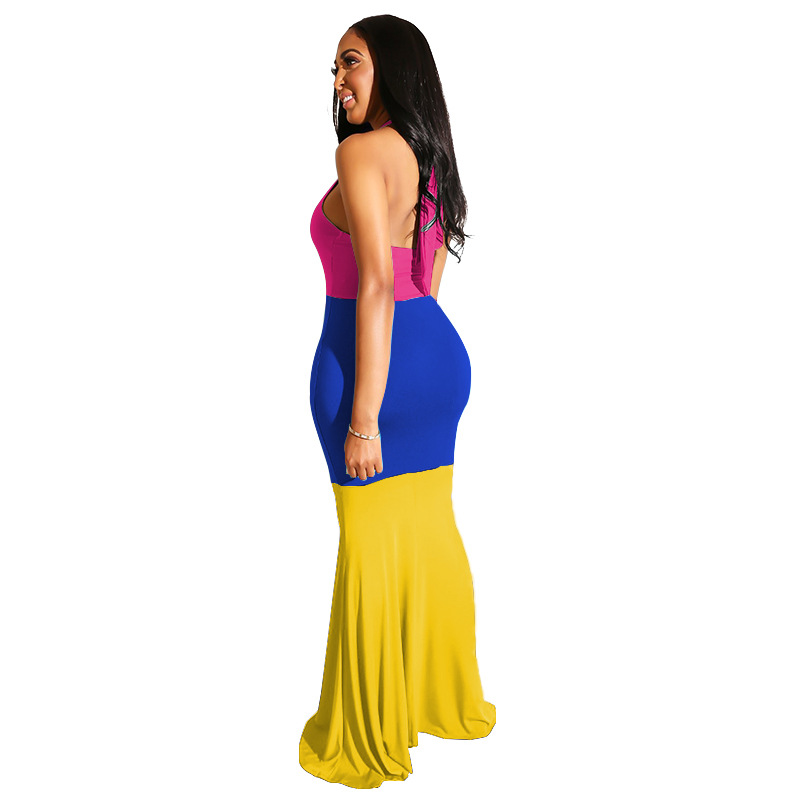 Color Matching Halterneck Backless Mopping Dress NSXYZ101580