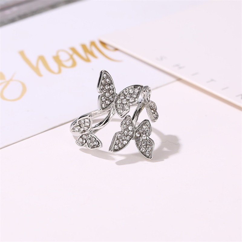 Full Diamond Four Butterfly Ring Light Luxury Index Finger Opening Ring display picture 4