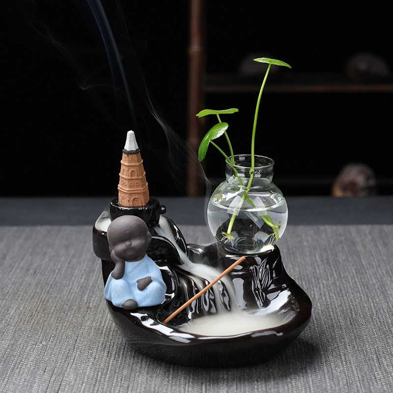  ceramic backflow incense burner (zisha) with xiao monk, flowing water design, home & office