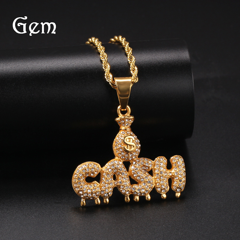 Taobao Hip Hop Fashion Beauty Money Bag CASH Water Drop Letter Stainless Steel Necklace Men