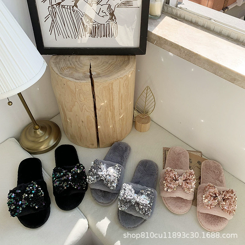 Женские тапочки Maomao, тапочки в Корейском стиле с блестками и бантом, осенне-зимние домашние модные хлопковые напольные Тапочки